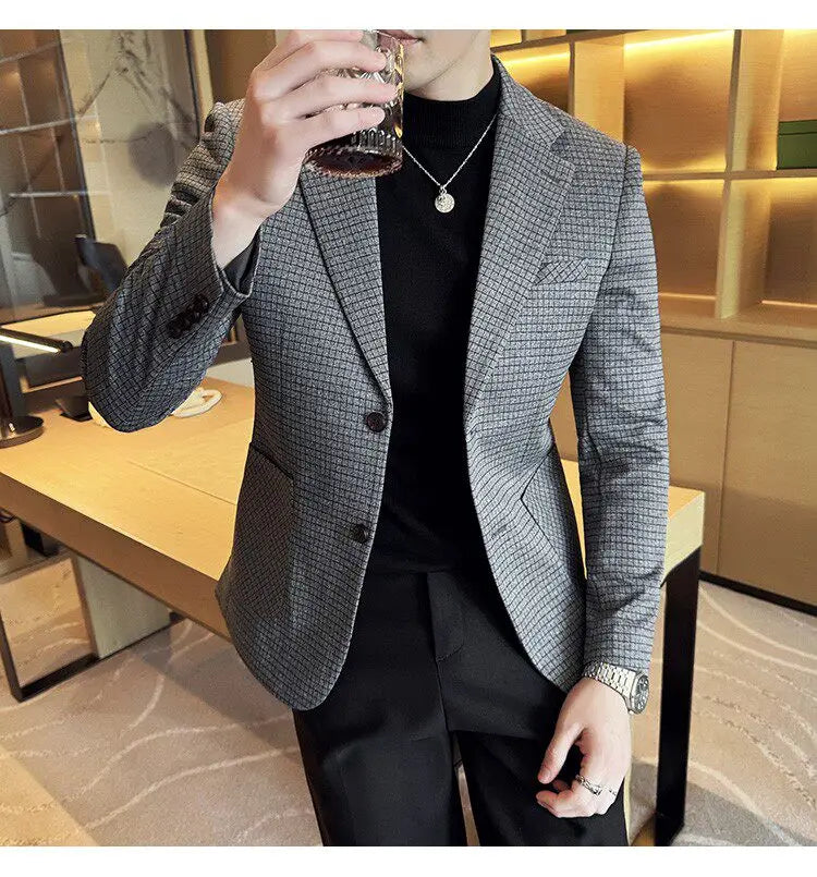 Men's Elegant Grid Suit Jacket 2026 Spring New Fashion Slim Blazer Jackets Social Prom Dress Jacket Men's High Quality Clothing