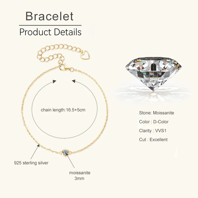 3mm 0.1ct Moissanite Diamond Necklace Bracelet Stud Earring For Women Simple Single Stone Earrings Bracelets Jewelry Set