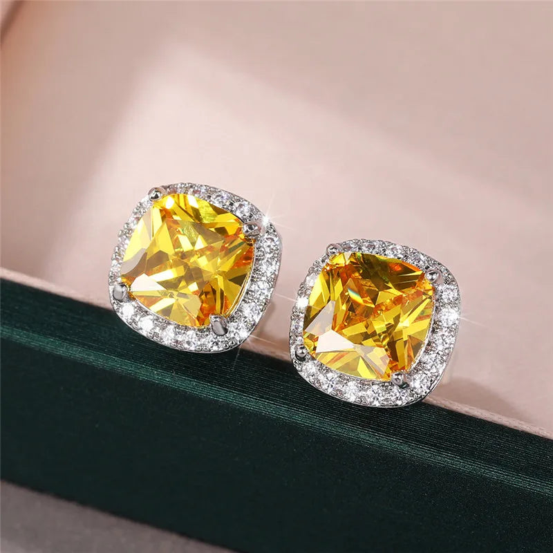 Ne'w Bright White/Yellow/Pink CZ Stud Earrings for Women Fashion Contracted Jewelry High Quality Wedding Engagement