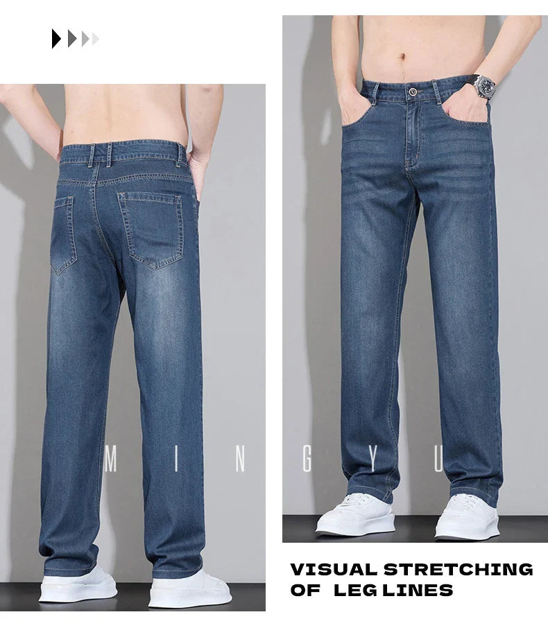Spring Summer Brand Clothing Lyocell Fabric Men's Jeans Classic Business Straight Denim Pants Work Trousers Male Plus Size 29-40
