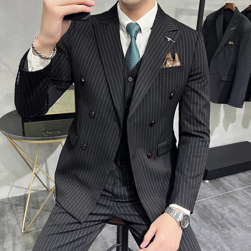 ( Blazer+Vest+Pants ) Groom Wedding Male Suit Luxury Brand Fashion Striped Men's Casual Business Office Double Breasted Suit