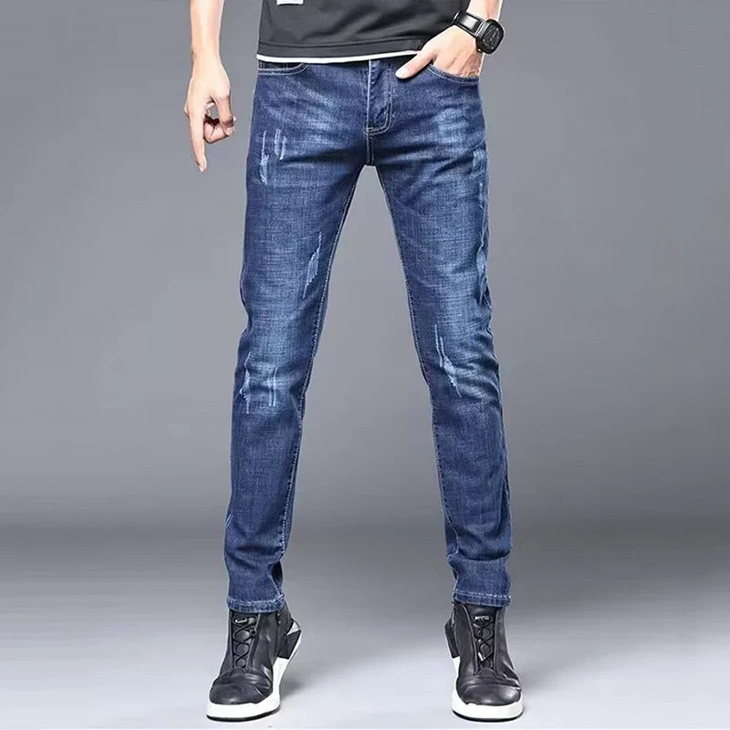 Men's Stylish Classic Business Casual Jeans Four Seasons Wear Black Blue Pants Middle-waist Leggings Denim Fabric Trousers Male