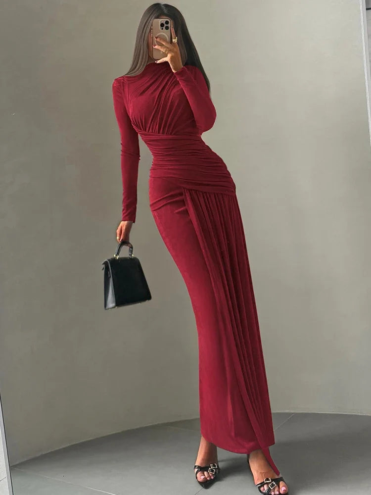 Sisterlinda Folds Maxi Dress Women O-Neck Full Sleeve Solid Banquet Elegant Vacation Fashion Autumn Skinny Casual Simple Vestido