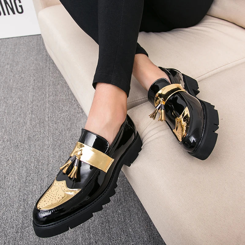 Fashion Golden Men's Casual Slip-On Tassel Patent Loafers Thick Bottom Elevator Shoes Men's Party Shoes Business Shoes Brogue