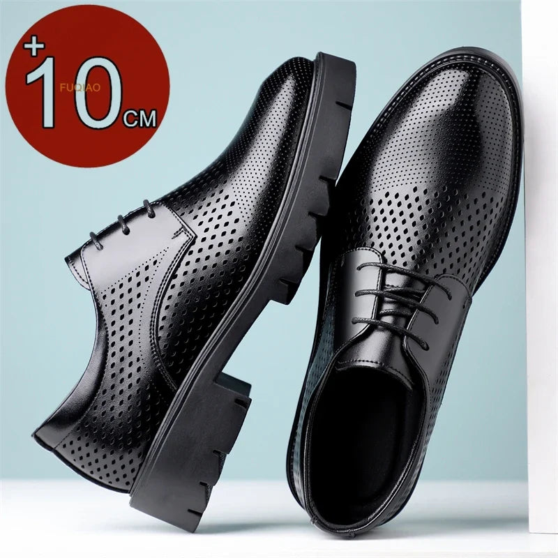 Summer Hollow Out Breathable Men Height Increasing Oxford Shoes 8/10CM Formal Business Dress Wedding Party Elevated Leather Shoe