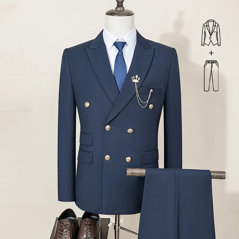 Double-breasted Men's Suit Fashionable and Casual Slim Fit Male Groom Wedding Blazers Party Dress Jacket Coat Pants