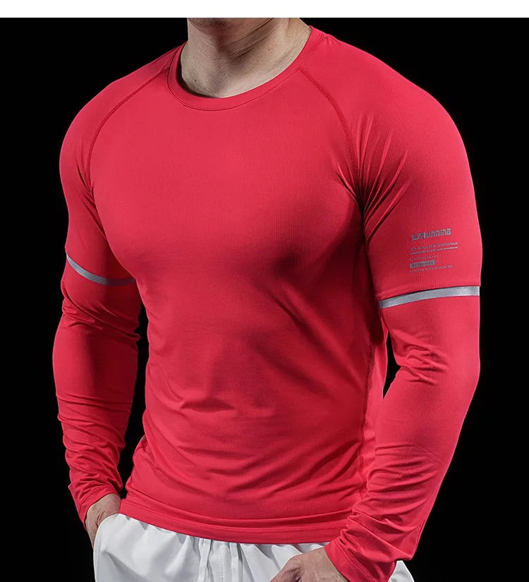 Autumn New Men's Sports Gym Fitness Clothes Reflective Strips Round Neck Training Long-sleeved T-shirt Running Slim Breathable