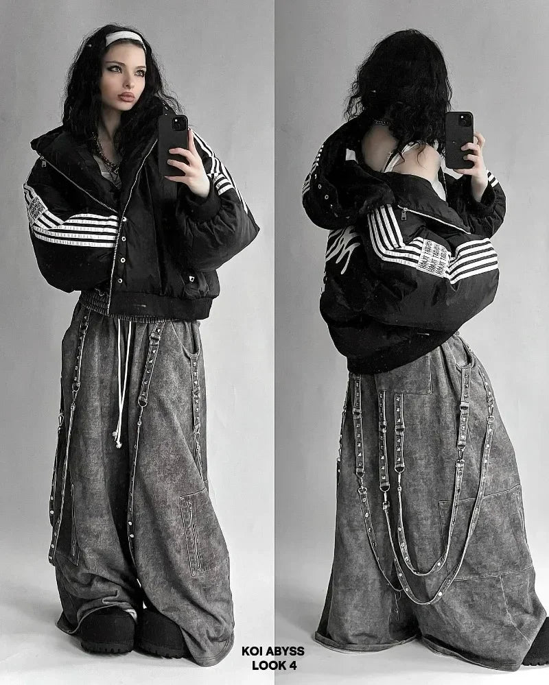 Unisex Harajuku street zip jacket, striped cotton-padded warm coat, goth hip hop style, S–XXL