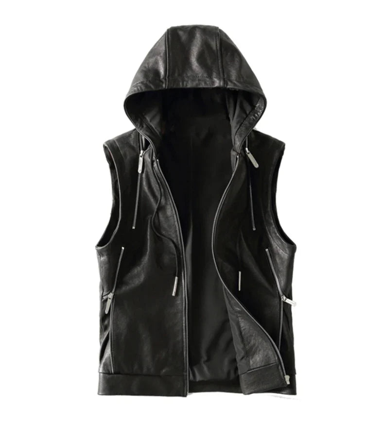 Spring Autumn Luxury Elegant Cool Black Pu Leather Vest for Men with Hood Zipper Sleeveless Jacket Men Clothing 2023