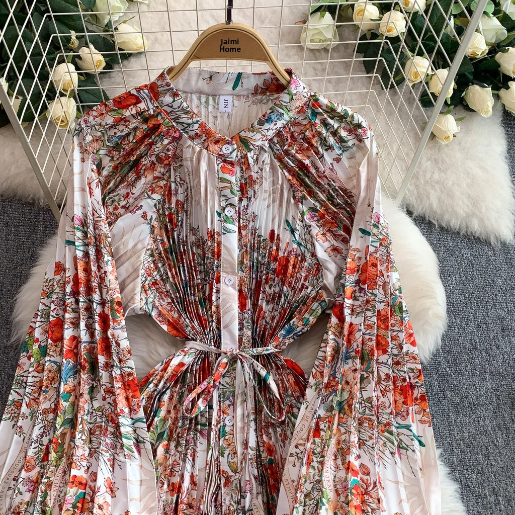 Printed round Ne Lantern Sve Dr Women's Single Button Waist Cinch Maxi Skirt Long Dr Commute Sle Autumn