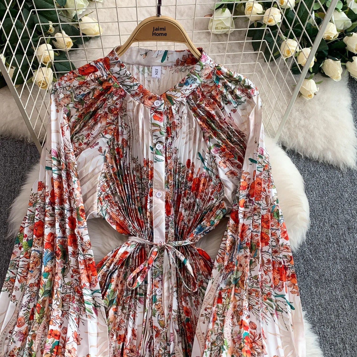 Printed round Ne Lantern Sve Dr Women's Single Button Waist Cinch Maxi Skirt Long Dr Commute Sle Autumn