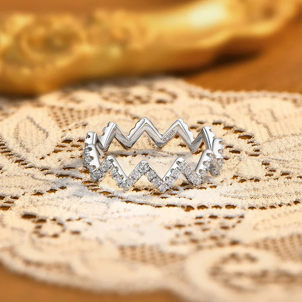 Zigzag Wave Pave Moissanite Rings for Women S925 Silver Eternity Stackable Band Dainty Versatile Everyday Party Jewelry