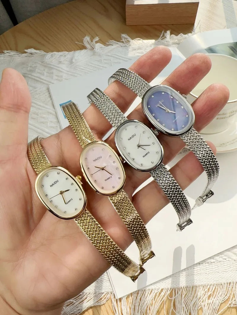 New Brand Quartz Watch for Women Luxury Gift Oval Dial Rhinestone Watch Adjustable Stainless Steel Strap Wristwatches Wholesale