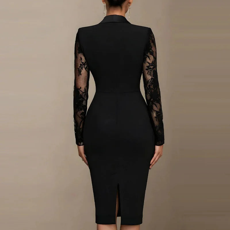 2026 Sexy Black Lace Women's Slim Fit Dress Spring Fashion V-neck Long Sleeved Hip Hugging Dresses Ladies High Waist Party
