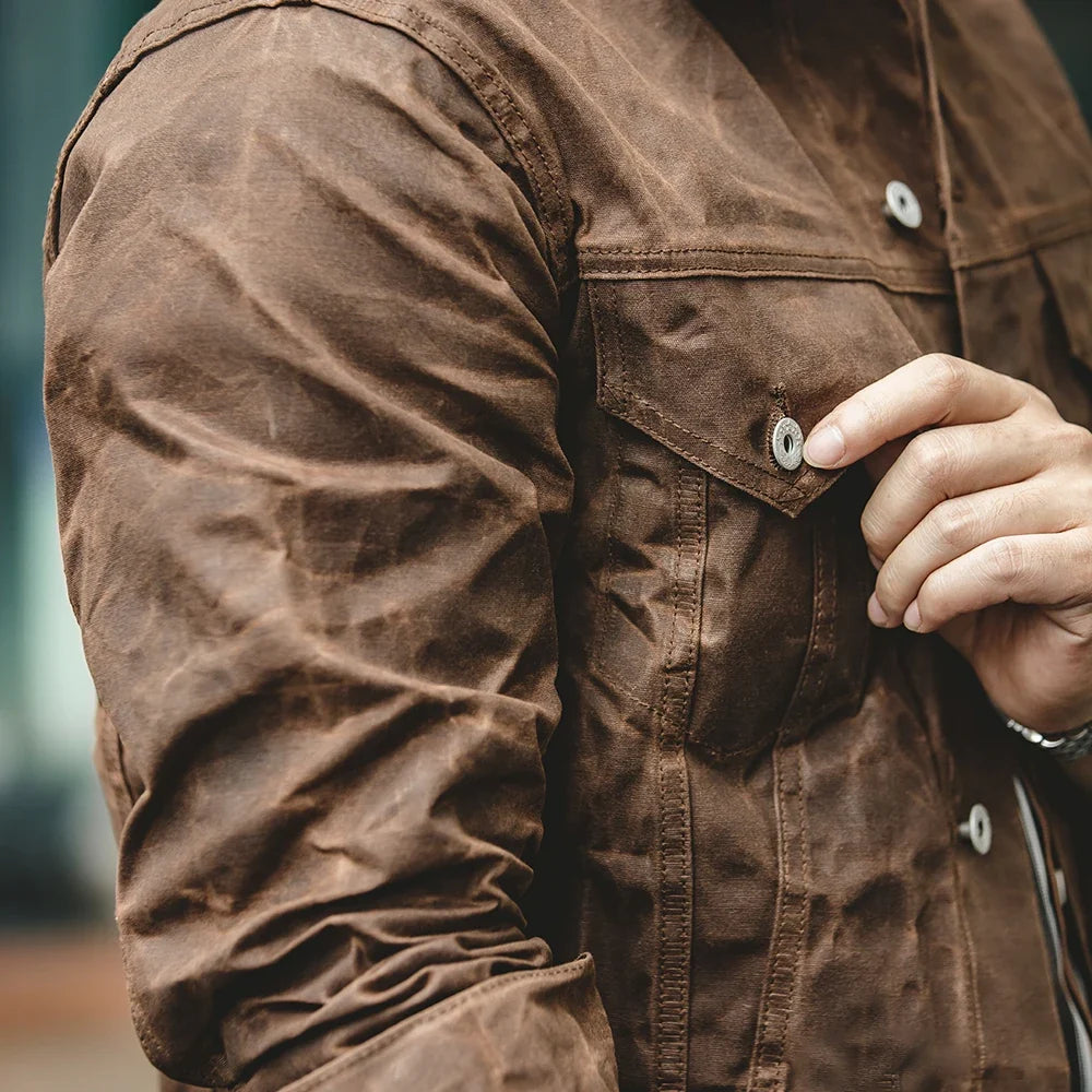 Amekaji Retro Male Oil Waxed Jacket Canvas Cotton Khaki Military Uniform Light Casual Work Safari Style Coats Man Clothing