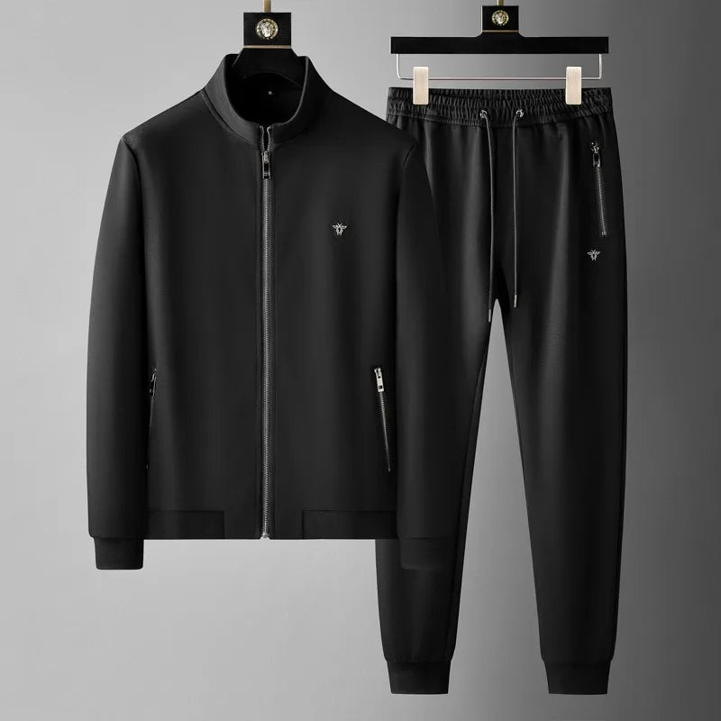 Spring Autumn Men's Sets Luxury Bee Printed Zipper Sweatshirt Solid Color Leisure Sports Elastic Wasit Pants Man Suits