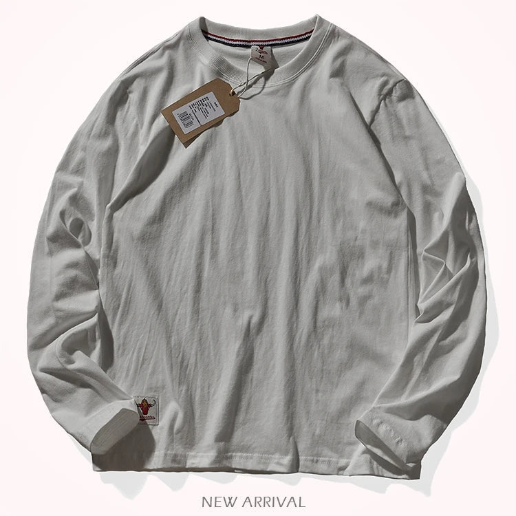 Autumn American Retro Long Sleeve O-neck Solid Color T-shirt Men's Fashion Simple 100% Cotton Washed Old Casual Bottoming Tops