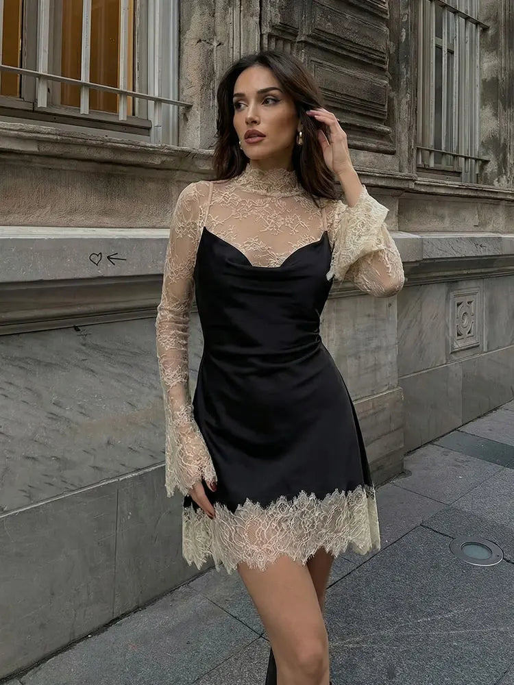 Women Elegant Fashion Lace Patchwork Dress Flare Sleeve Slim Mini Dresses 2026 Spring Summer Lady Sexy Party Evening Dress