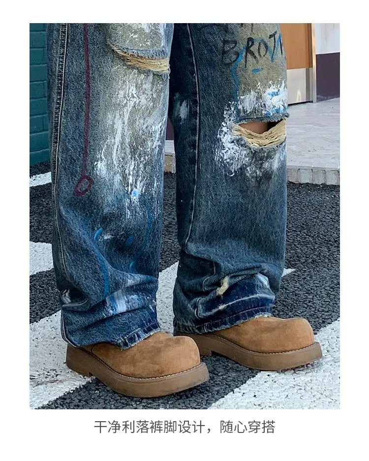 New street graffiti ripped painted jeans for men, straight-leg, loose, wide-leg, trendy brand, stylish high-end