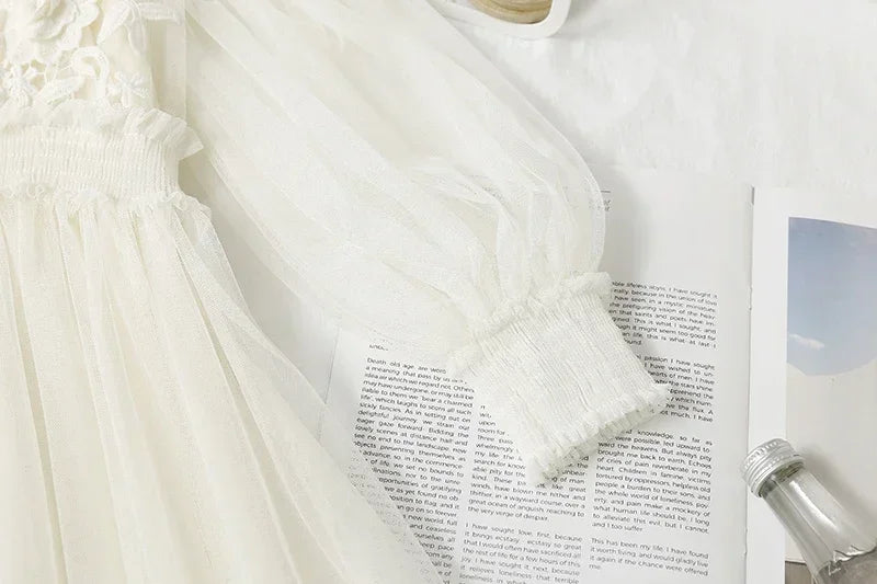 Lace Flower Mesh Summer Dress Women Lantern Sleeve White Casual Dresses Female Party Vintage Slim Women Dress 2 Piece Sets 12041