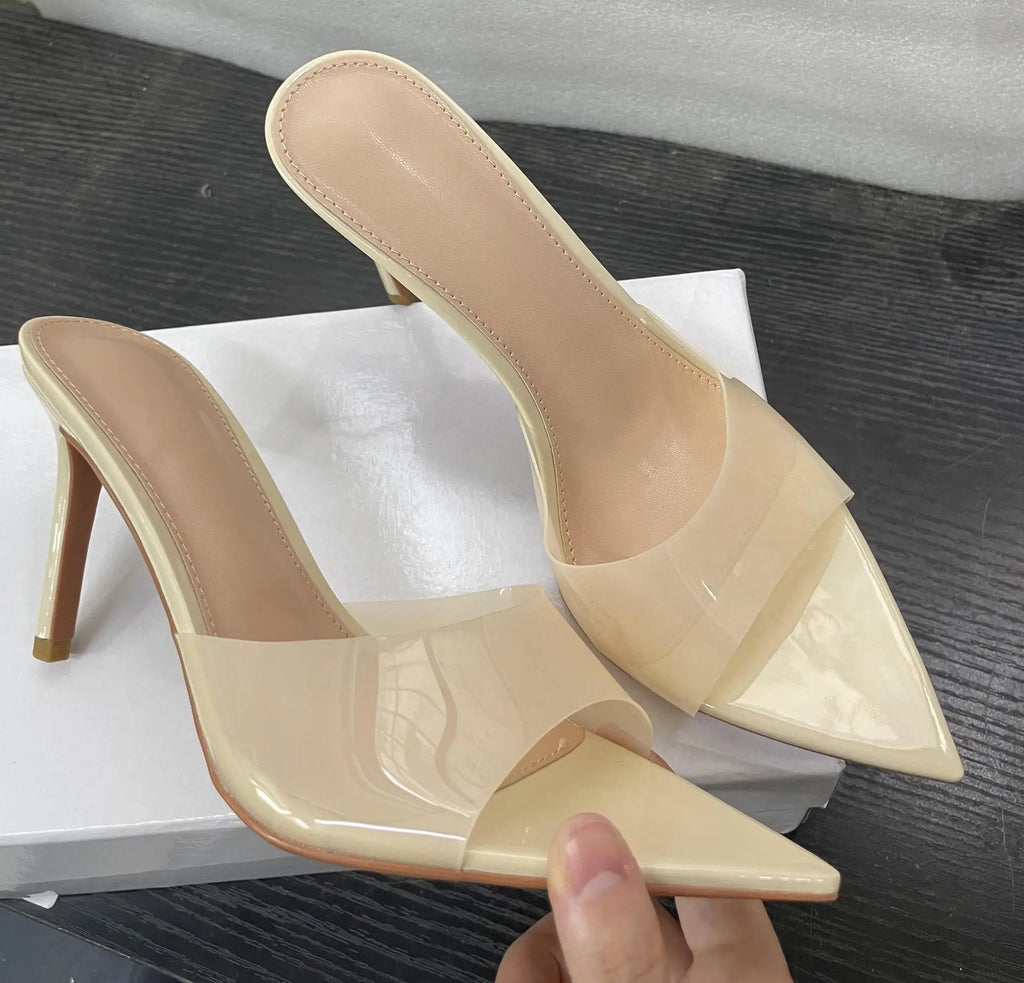 New Summer Women's High-heeled Sandals Simple Transparent High-heeled Slippers Stiletto Pointed Open-toed Slippers Mules