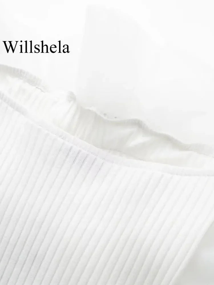 Willshela Women Fashion Ribbed Bodysuit With Organza Ruffle Vintage High Elastic Sexy y2k Female Chic Lady Tops body femme