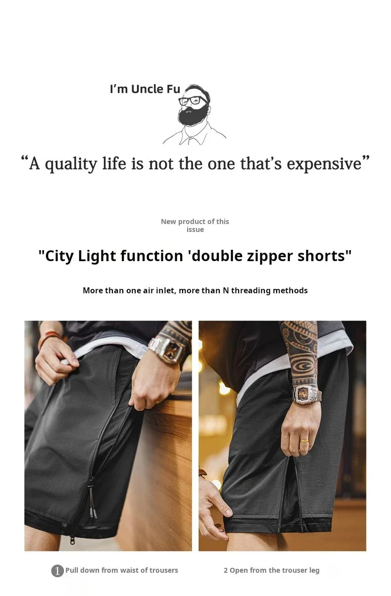 Outdoor Double Zippers Shorts Men's Summer Breathable Running Sport Shorts Lightweight Quick-Dry Training Street Bottoms