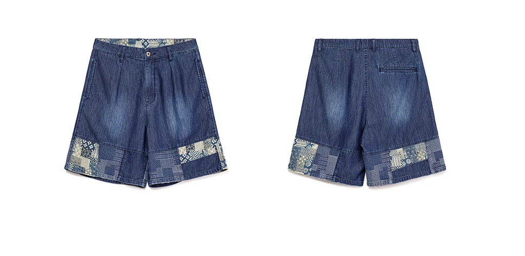 Men's American Retro Slub Texture Washed Denim Shorts Vintage Cloth Spliced Five Inch Loose Casual Workwear Daily Trousers