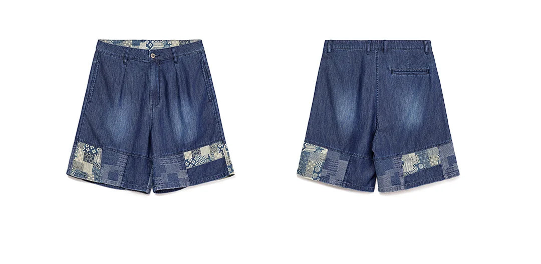 Men's American Retro Slub Texture Washed Denim Shorts Vintage Cloth Spliced Five Inch Loose Casual Workwear Daily Trousers