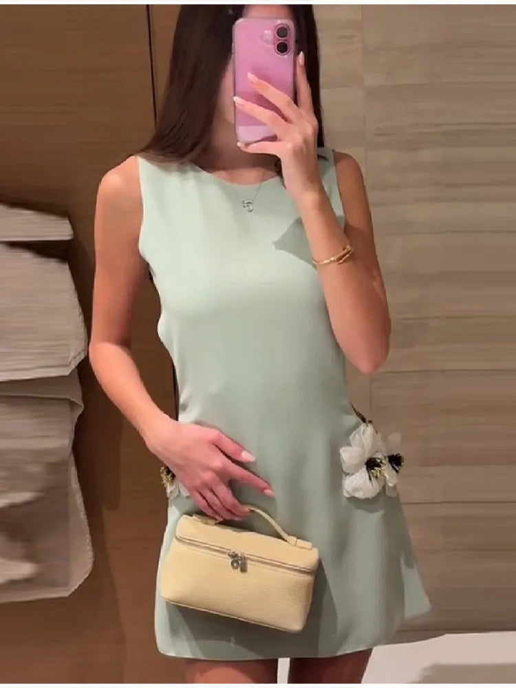 Women's Round Neck Solid Sleeveless Dress Sexy Waist Side Cut-outs Slim Mini Skirt Female New Date Commuter Party Clothes