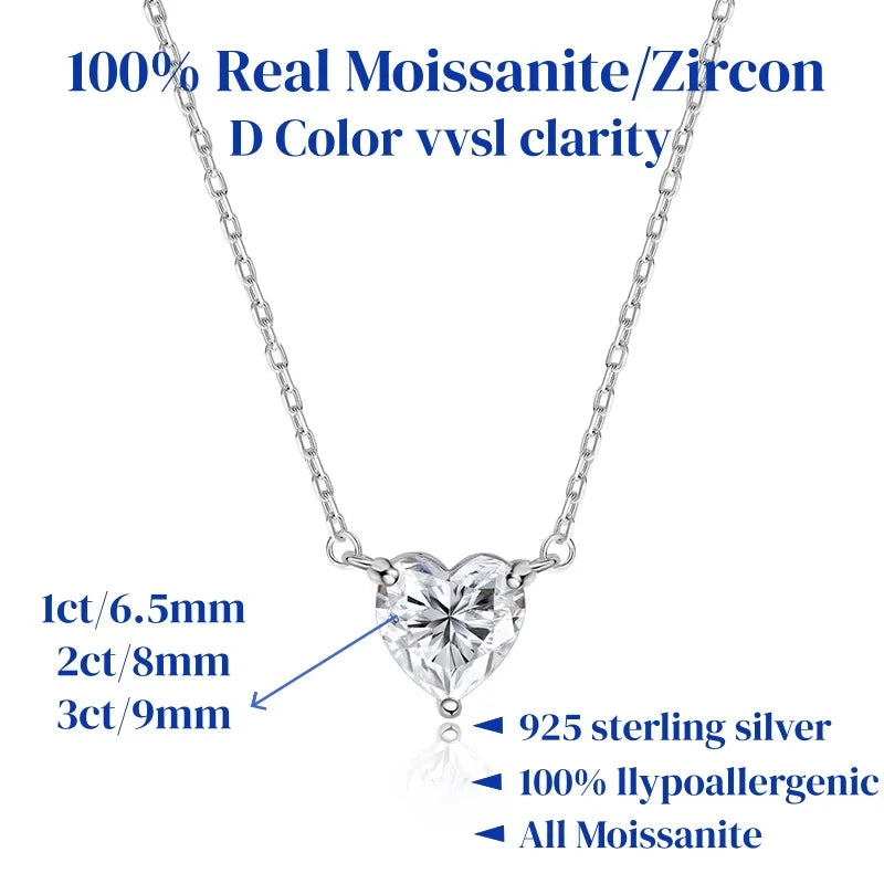 1/2/3ct Heart Cut Moissanite Pendant Necklace S925 Pure Silver Plated 18K Gold Women Necklace jewelry Gift GRA Certified