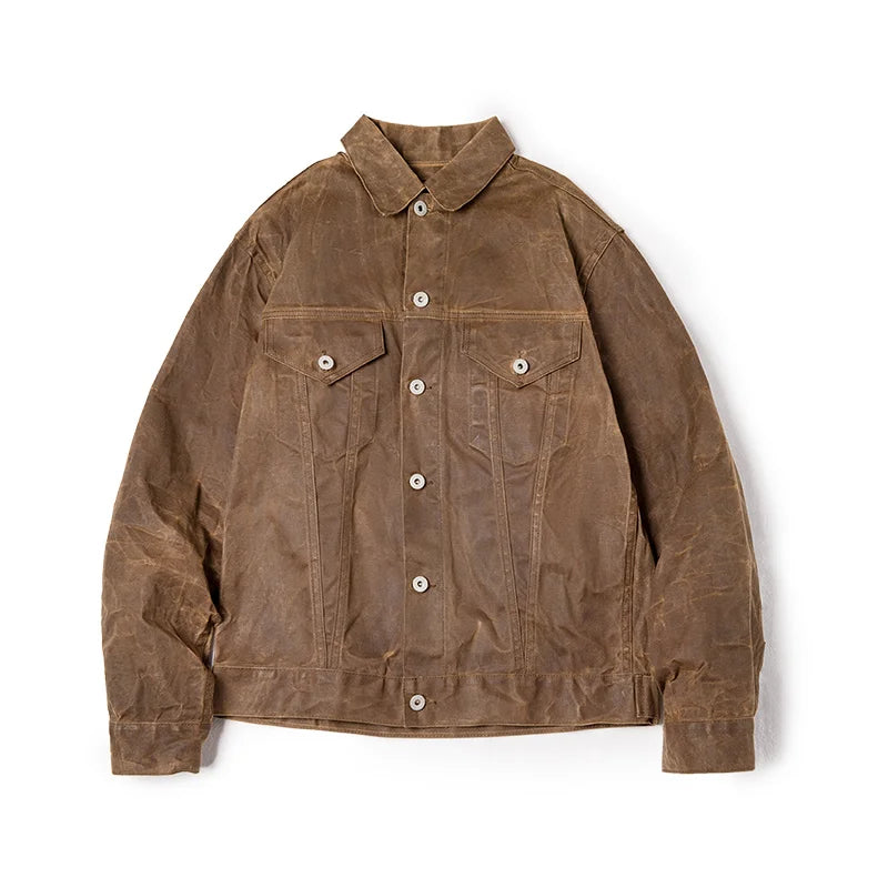 Amekaji Retro Male Oil Waxed Jacket Canvas Cotton Khaki Military Uniform Light Casual Work Safari Style Coats Man Clothing