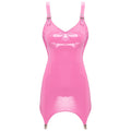 Womens Shiny Metallic PVC Leather V-Neck Mini Dress Chemise Wet Look Night Club Bodycon Babydoll Clubwear with Garter Belt