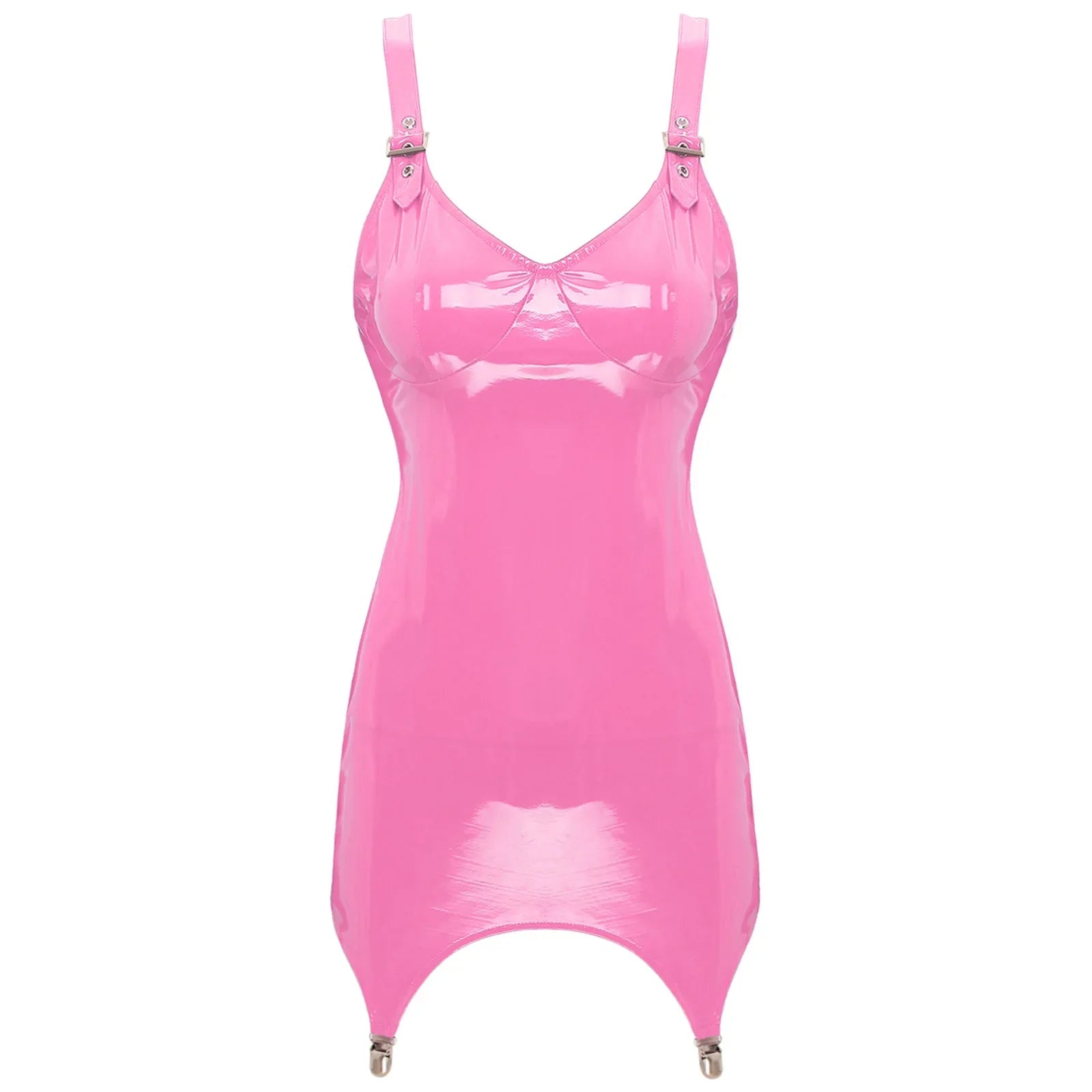 Womens Shiny Metallic PVC Leather V-Neck Mini Dress Chemise Wet Look Night Club Bodycon Babydoll Clubwear with Garter Belt