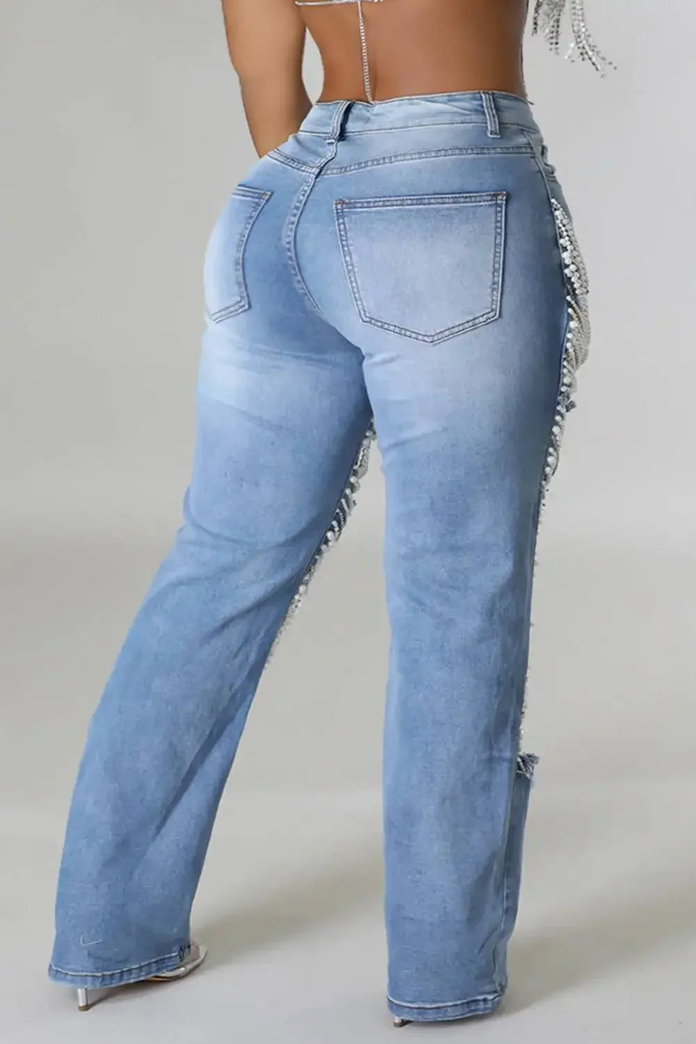 Plus Size Women Holes Pearls Casual Jeans