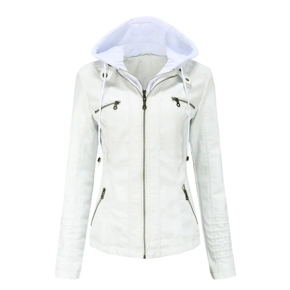 Women’s hooded jacket coat set, detachable design, faux leather, spring autumn, regular fit, L–XXL