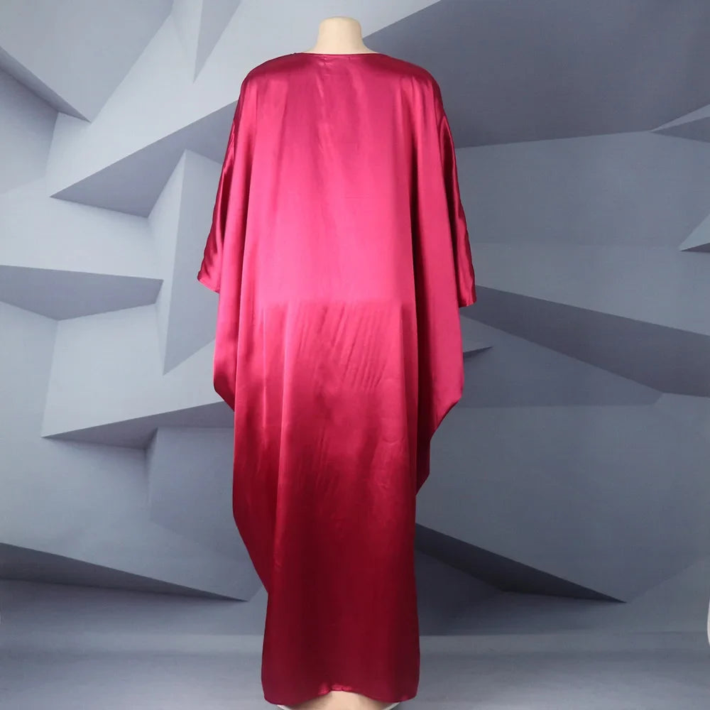 Fashion African Woman Large Size Bat Sleeve Dress Muslim Islamic Style Robe Imitation Silk Hot Fix Rhinestone