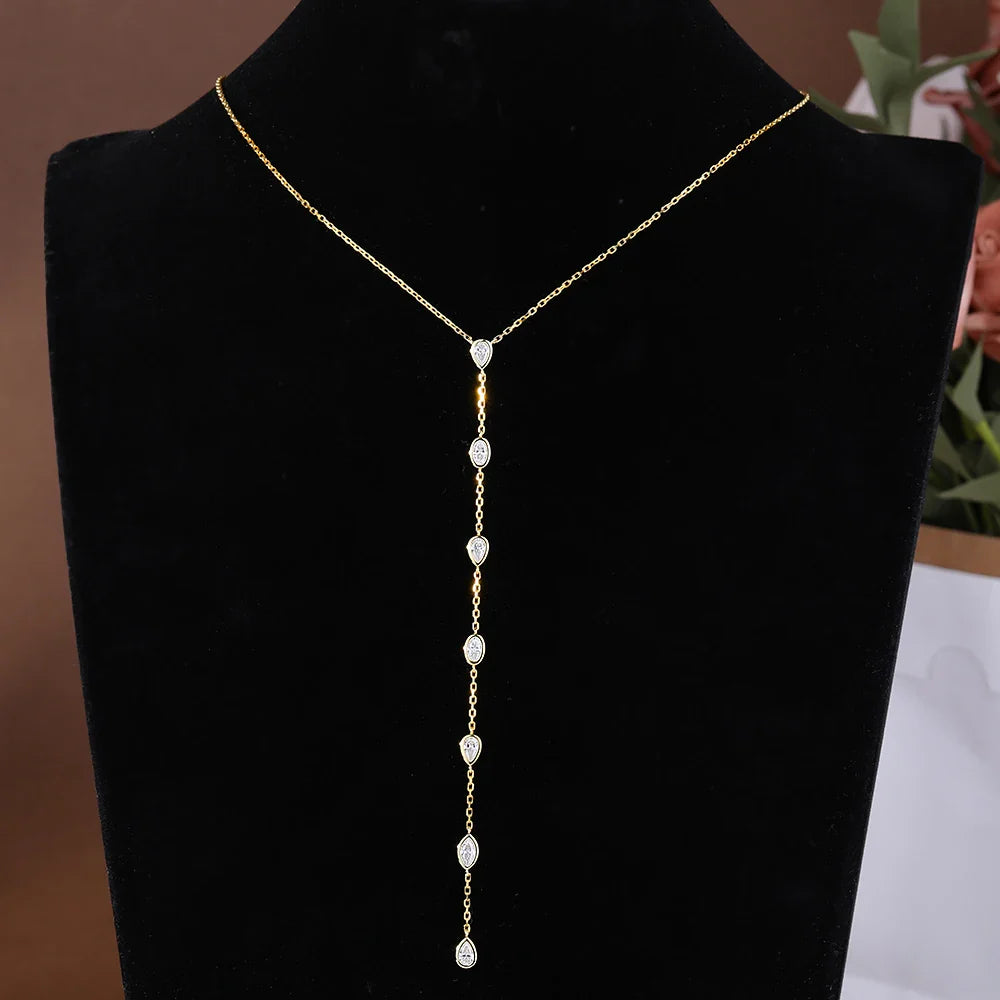 Multi Shape Moissanite Lariat Necklace for Women S925 Silver Bezel Set Pear/Oval Marquise Diamond Long Tassel Drop Necklace