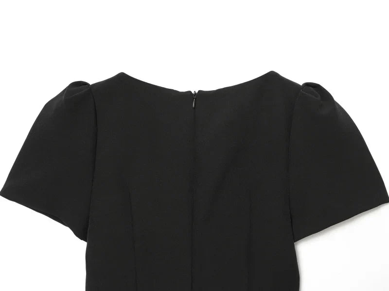 2025 women's new products are elegant and stylish Short dress with a boat neck and short sleeves with pleats  black dress