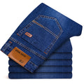 Autumn Classic Men's Fitted Stretch Jeans Business Casual Cotton Denim Straight Leg Pants Male Black Blue Trousers