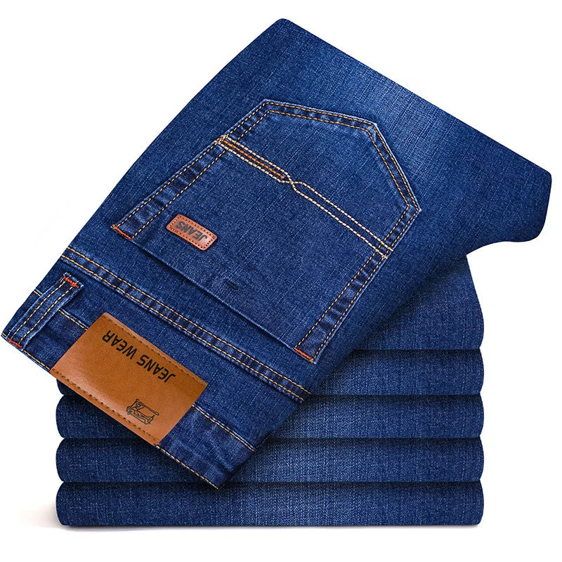 Autumn Classic Men's Fitted Stretch Jeans Business Casual Cotton Denim Straight Leg Pants Male Black Blue Trousers