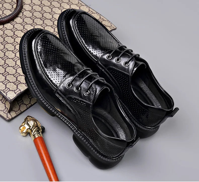 Summer Hallow Cow Leather Shoes for Men Fashion Casual Black New Designer Dress Shoes Male Lace Breathable Platform Shoes Man