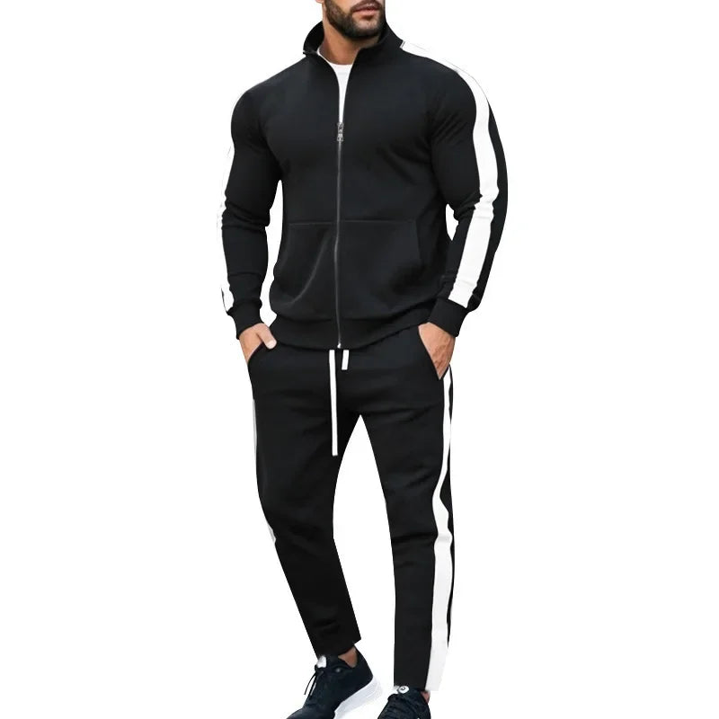 2025 Spring Autumn Men's 2-Piece Set Color Blocking Zipper Stand Collar Casual Sports Jacket Sweatshirt Trousers Suit