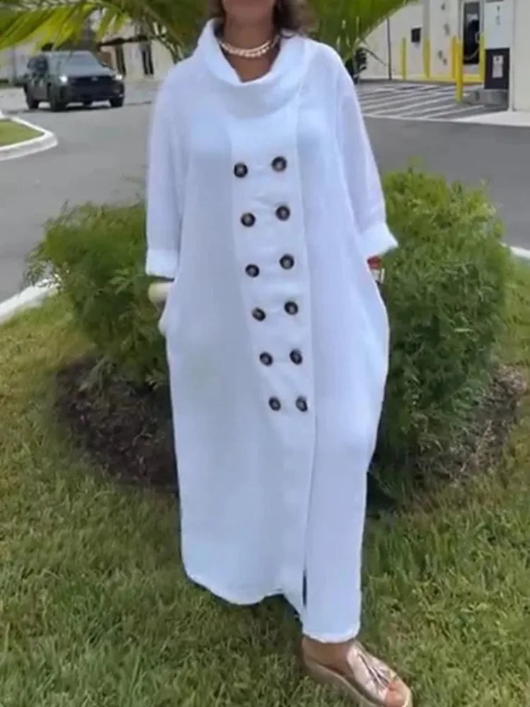 Women's Cotton-blend White Dress Long Sleeves Loose Solid Color High Neck Buttoned Pockets Casual Daily Maxi Dresses