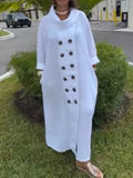 Women's Cotton-blend White Dress Long Sleeves Loose Solid Color High Neck Buttoned Pockets Casual Daily Maxi Dresses
