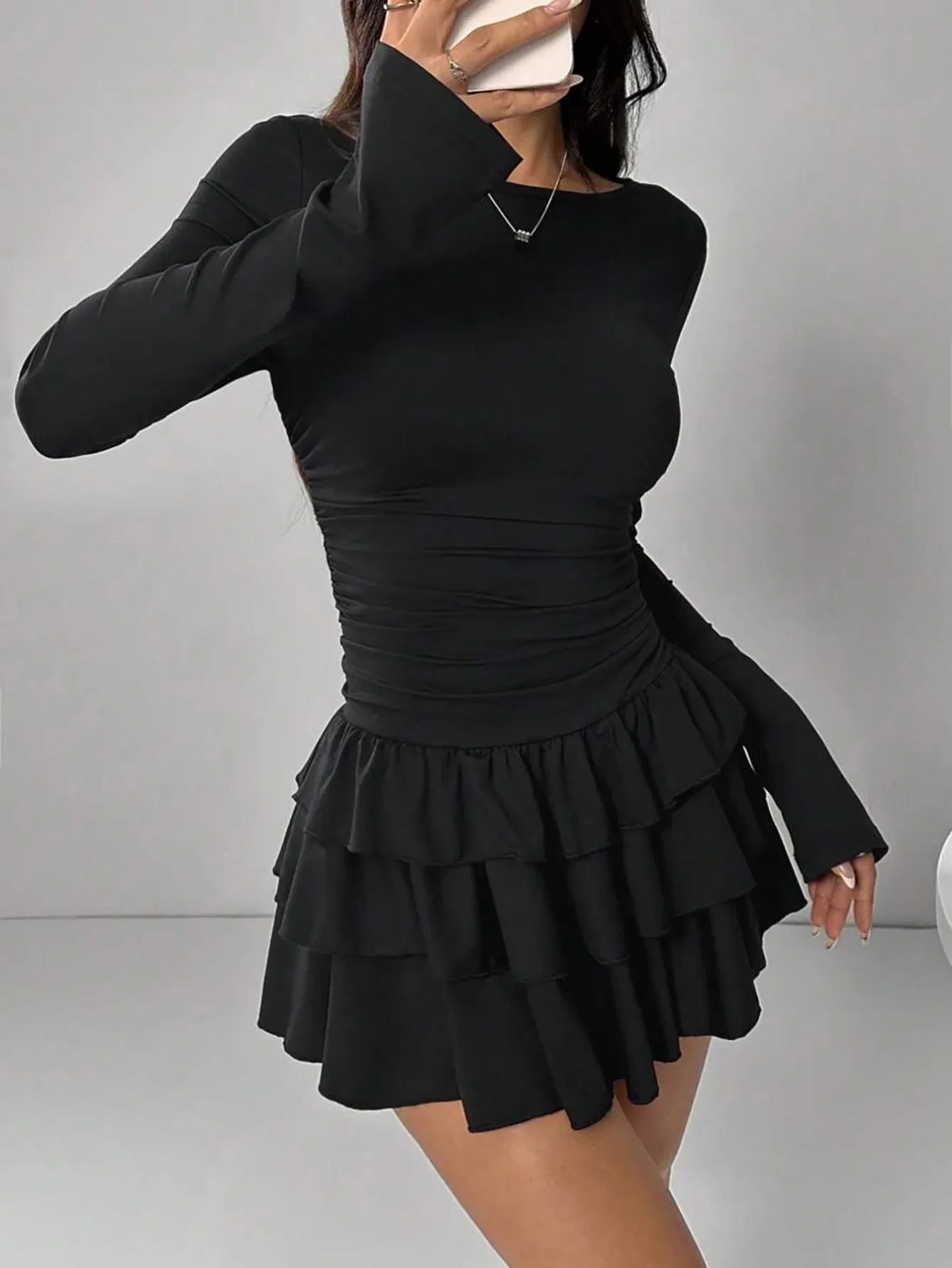 Autumn Winter Solid Color Slim Fit Cascading Ruffles Mini Dress Women Elegant Flare Sleeve High Waist Sexy Party Bodycon Dresses
