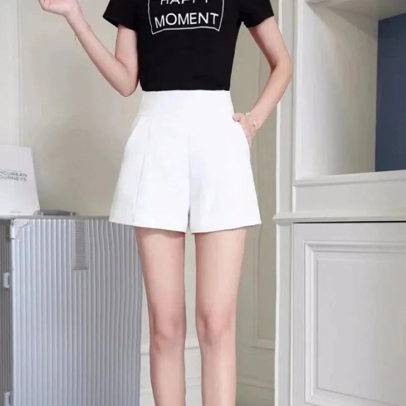 Women Shorts Spring Summer Casual High Waist A-line Shorts Loose Wide Leg Shorts Chic Lady Black White Suit Shorts