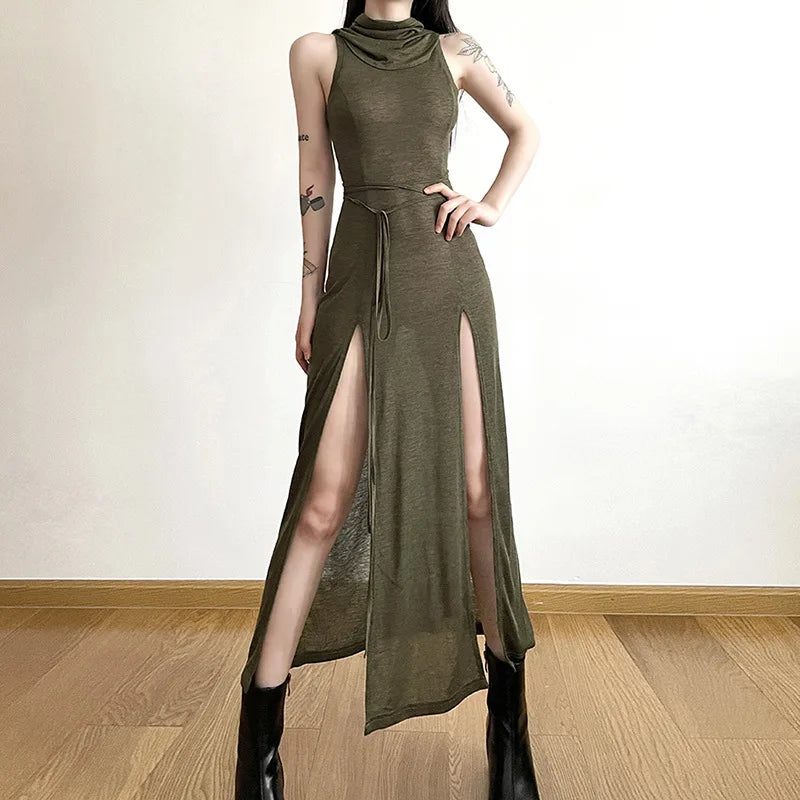 Summer 2023 Sexy European And American Style Sleeveless Hooded Dress Long Split Hollow out Pure Color Women's Gown