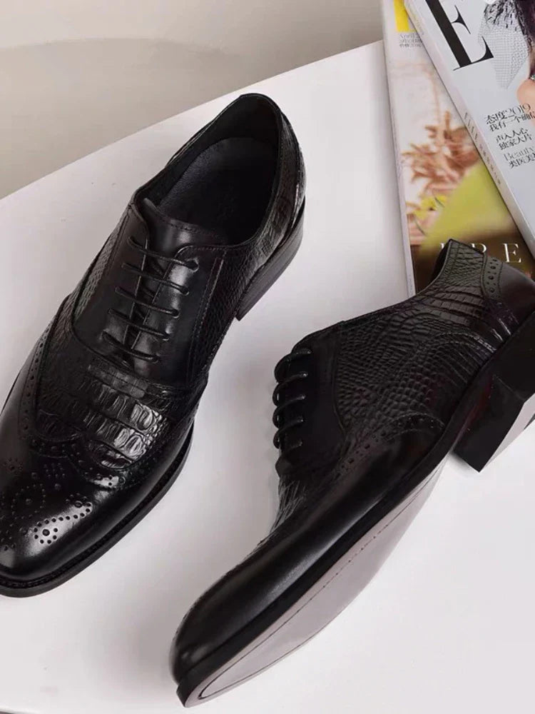 Men's Casual Crocodile Pattern Leather Shoes – Slip-On Loafers, Brown/Black, EU 40–48