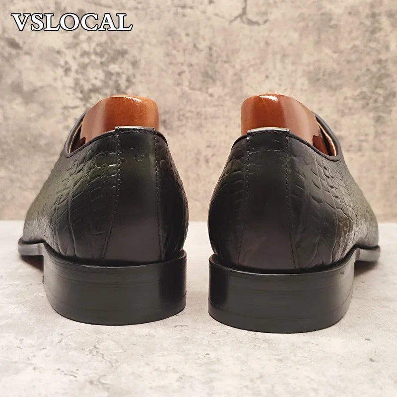 Luxury Men Oxford Shoes Green Black Croco Print Casual Mens Dress Shoes Lace up Wedding Office Genine Leather shoes men